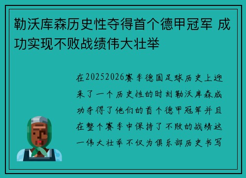 勒沃库森历史性夺得首个德甲冠军 成功实现不败战绩伟大壮举