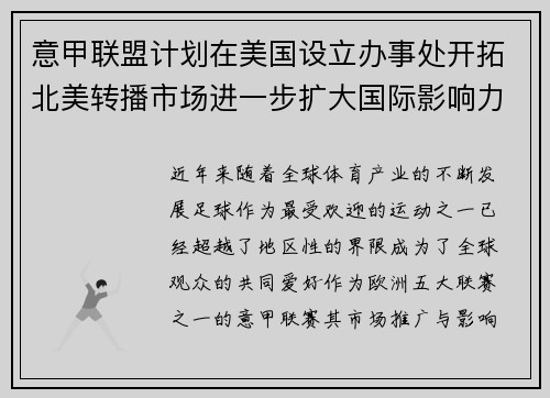 意甲联盟计划在美国设立办事处开拓北美转播市场进一步扩大国际影响力