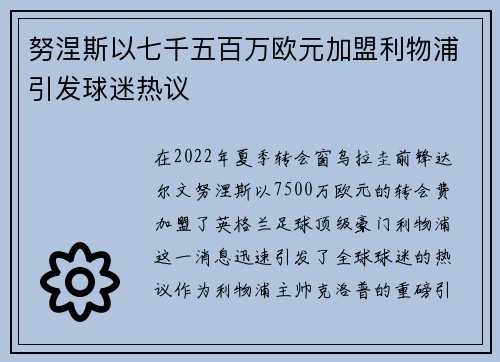 努涅斯以七千五百万欧元加盟利物浦引发球迷热议 努涅斯以七千五百万欧元加盟利物浦引发球迷热议