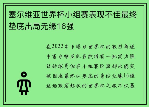 塞尔维亚世界杯小组赛表现不佳最终垫底出局无缘16强